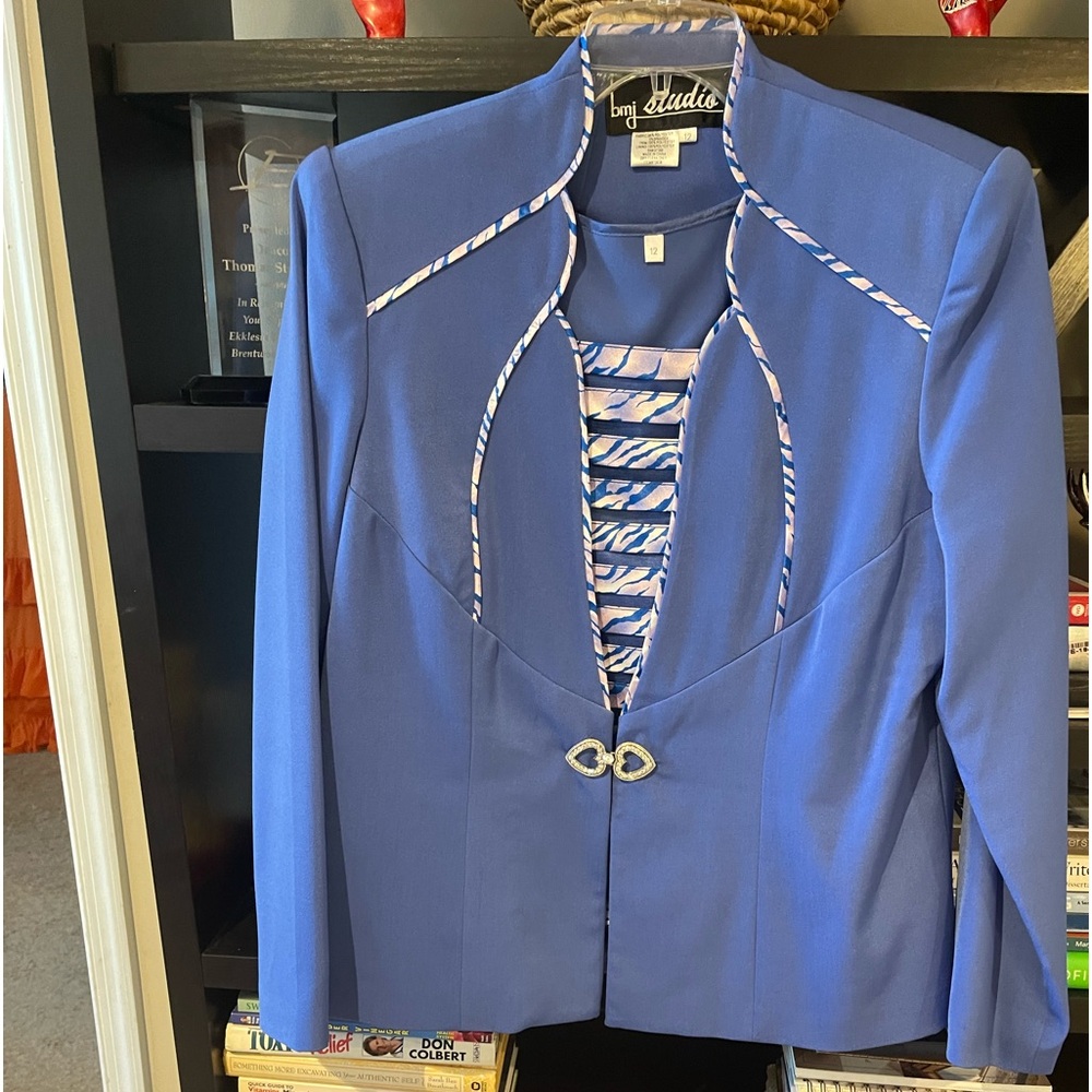 NWOT 3-PC Blue Skirt Suit with Striped Detail